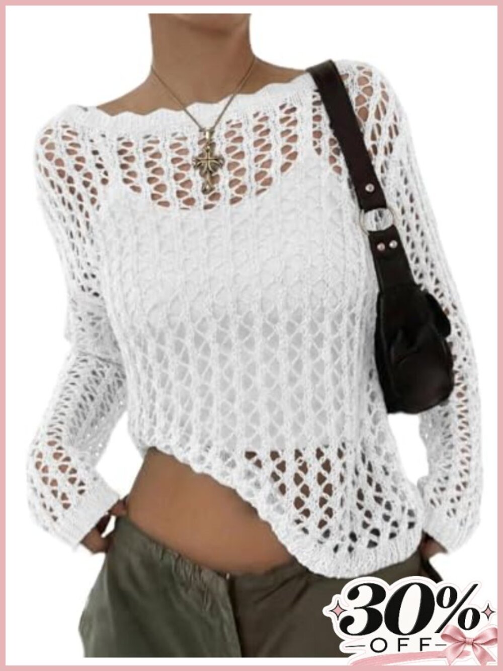 Crochet Hollow Out Knit Long Sleeve Sweater Pullover